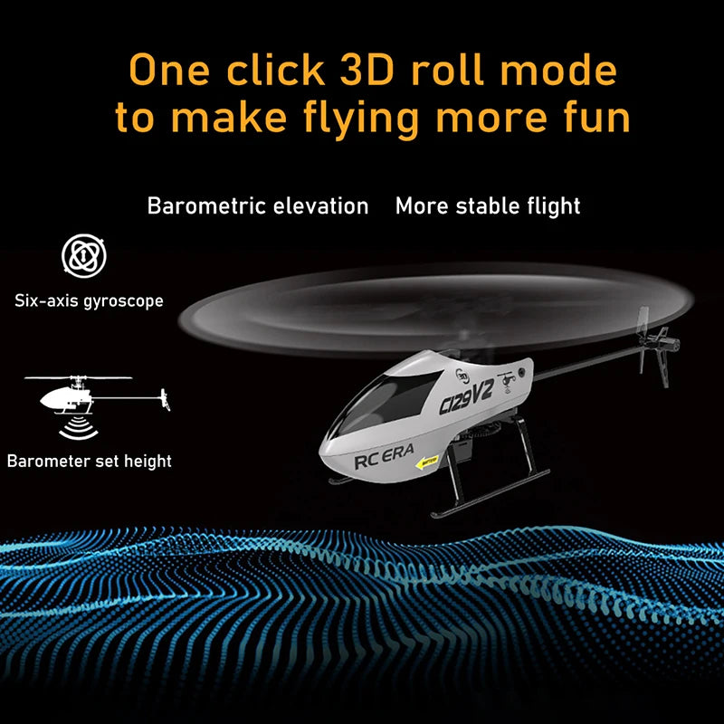 Helicopter with text about 3D roll mode and stability features on a black background