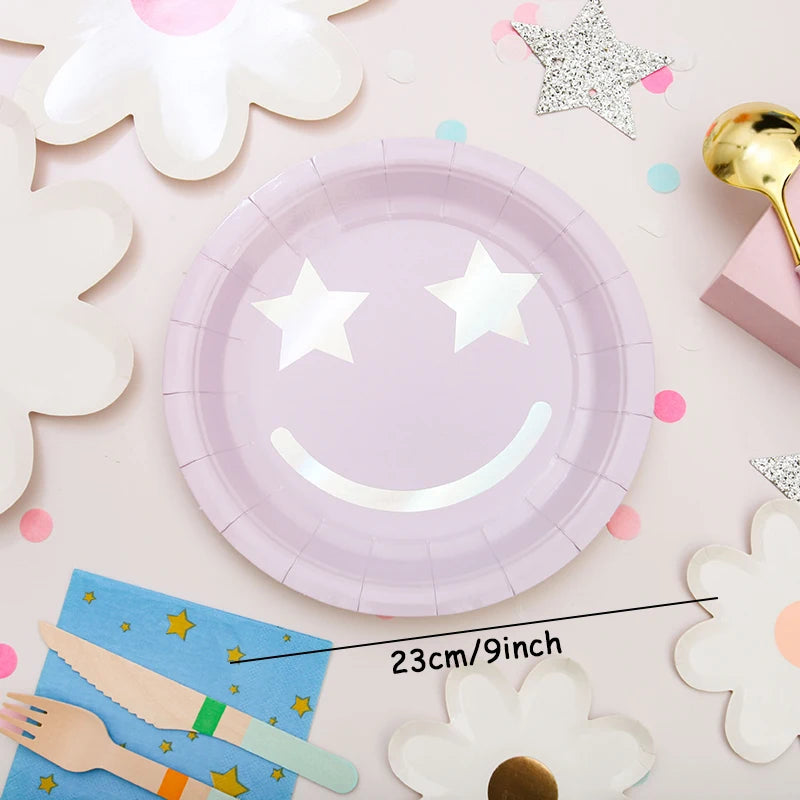 8 pcs Color Star Smiling 9 inch Plates Birthday Party Decorations Tableware Set