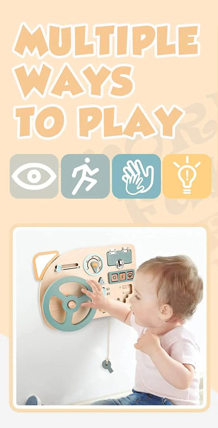 Children playing with a wooden toy set in various settings.