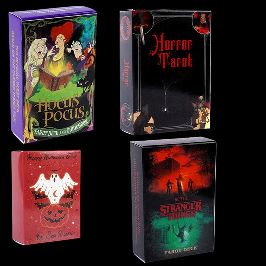 Four tarot card boxes with 'Hocus Pocus', 'Horror Parlor', 'Stranger Things', and 'Kevin McCallister' designs on a white background.