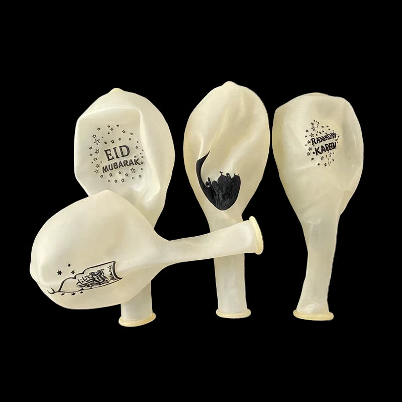 Four cream-colored balloons with Eid Mubarak text on a gray textured background