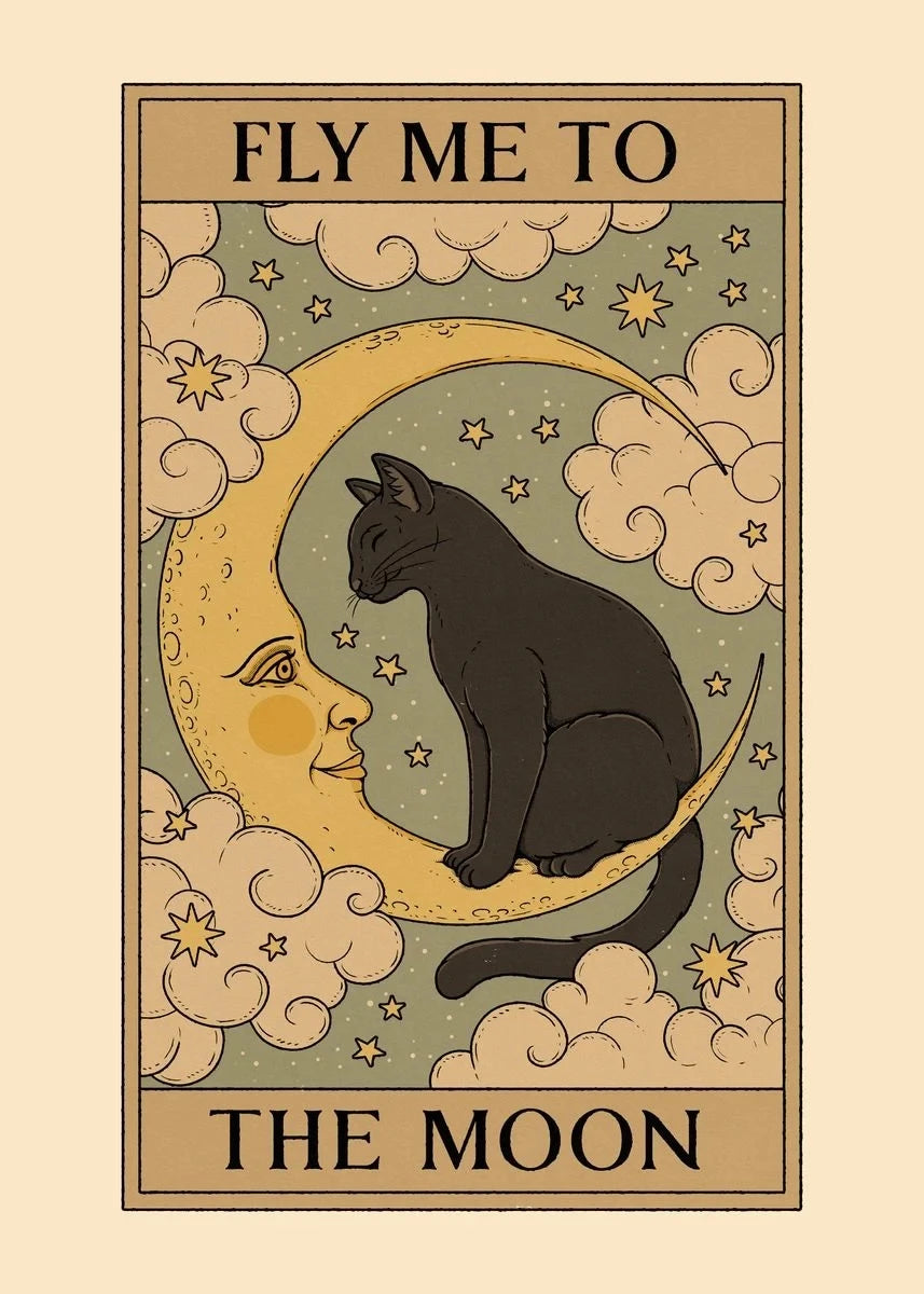 Vintage-style poster with a black cat on a crescent moon, surrounded by stars and clouds, with text 'Fly Me to the Moon'.