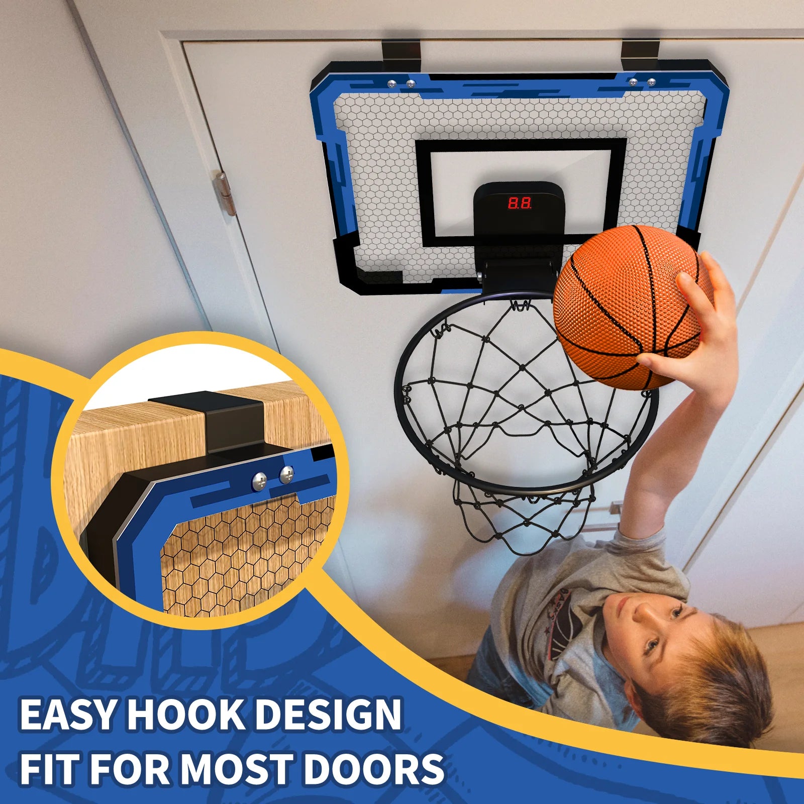 Child playing with a door-mounted basketball hoop and ball.