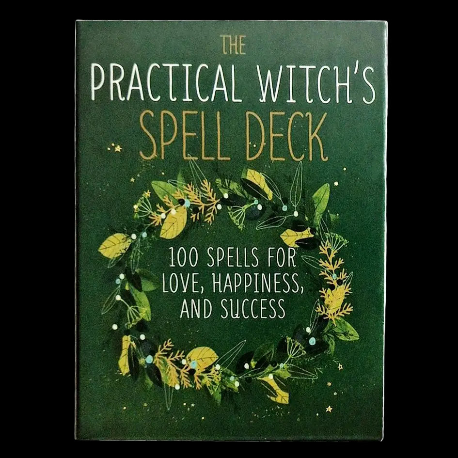 Book titled 'The Practical Witch's Spell Deck' with green cover and floral design