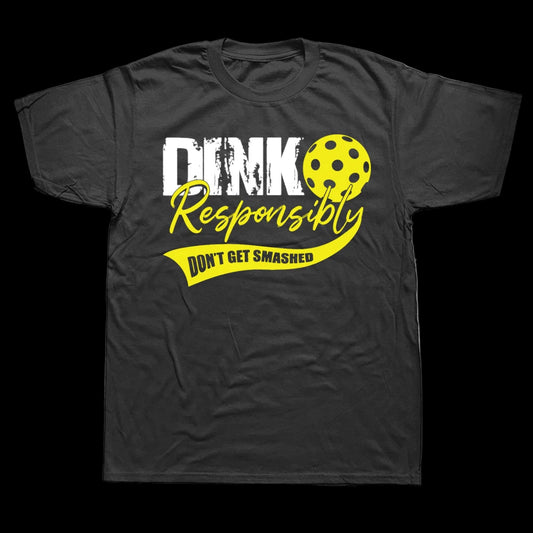 Black t-shirt with yellow and white text and graphics on a white background