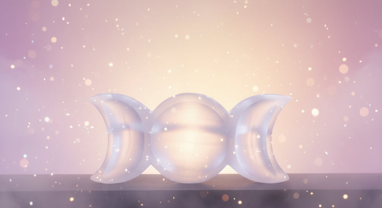 Crystal triple moon phase with measurement on a black background