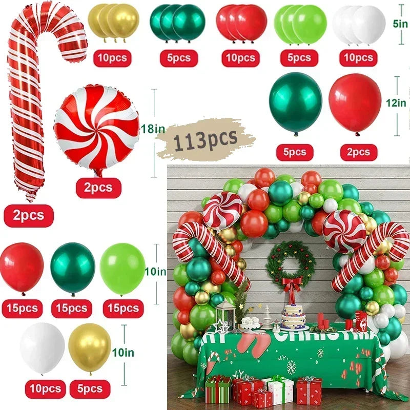 Christmas-themed balloon set with candy cane, peppermint, and wreath decorations on a table.