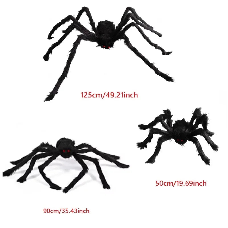 Three black spiders of different sizes with measurements on a white background