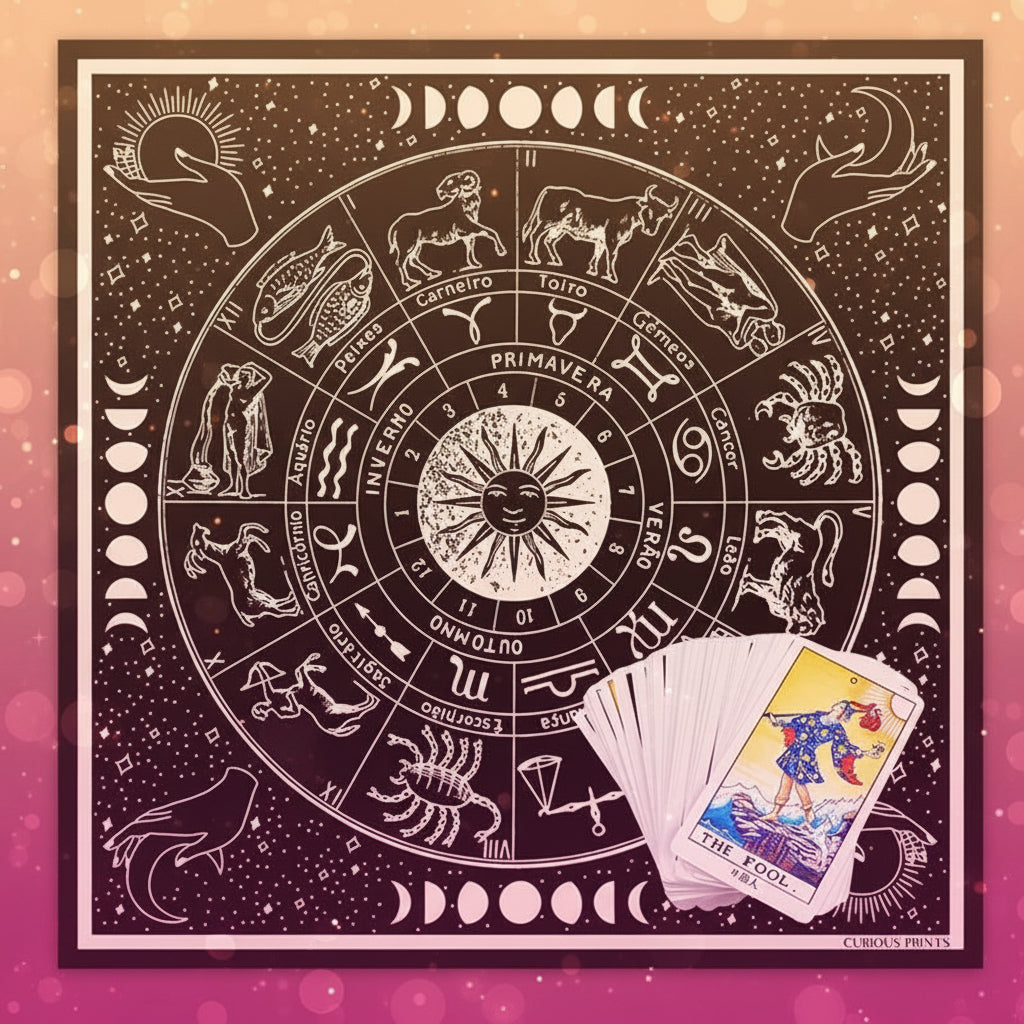 Astrological chart with zodiac signs and tarot cards on a wooden surface