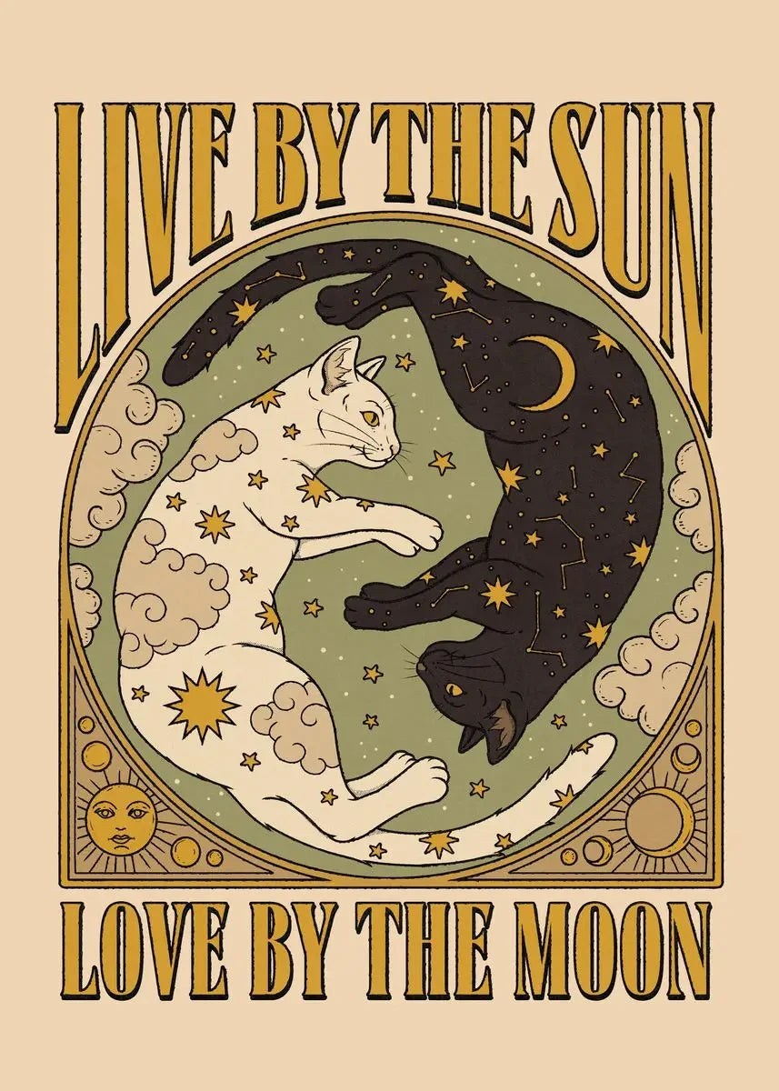 Illustration of a white and black cat with celestial elements and text 'Live by the Sun, Love by the Moon' on a beige background.