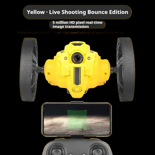 Yellow live shooting bounce edition device with wheels and smartphone display on a yellow background
