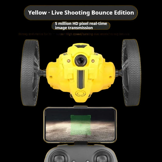 Yellow live shooting bounce edition device with wheels and smartphone display on a yellow background
