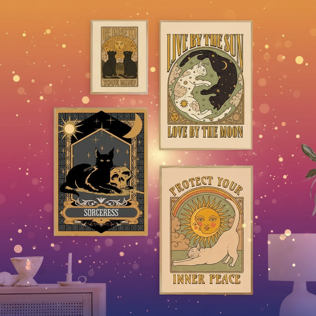 Four framed posters with celestial and mystical designs on a wall.