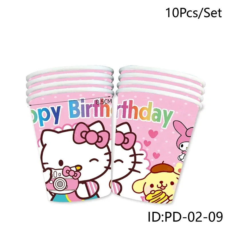 Set of Hello Kitty-themed birthday cups with cartoon characters on a white background.