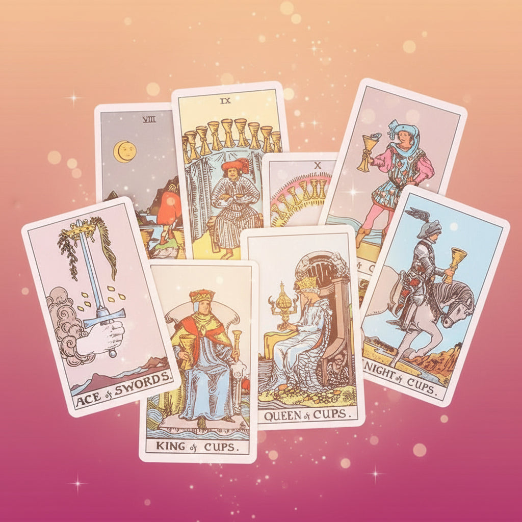 Collection of tarot cards on a white background