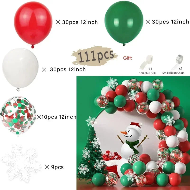 Collection of Christmas-themed balloons with a snowman and tree design, including red, green, white, and patterned balloons.