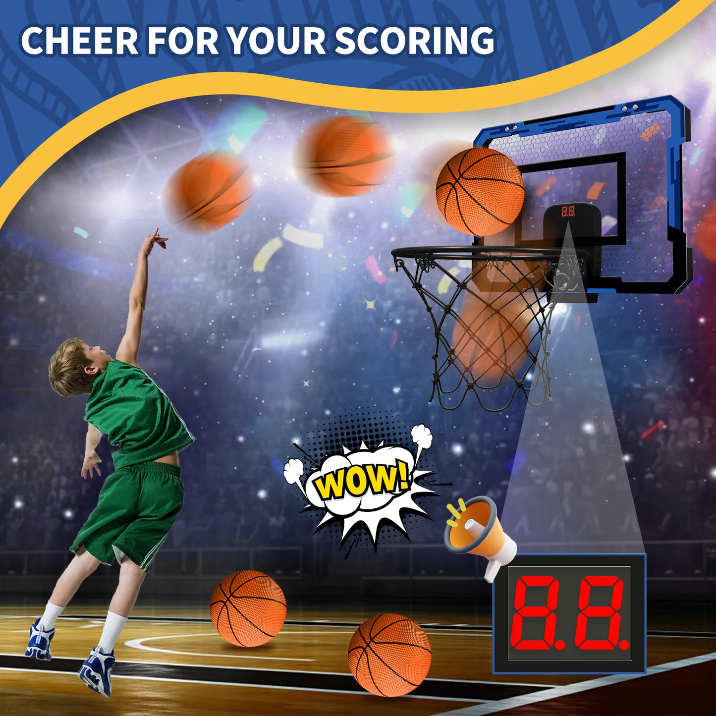 Basketball player in green uniform shooting a basketball towards a hoop with digital display and colorful background.