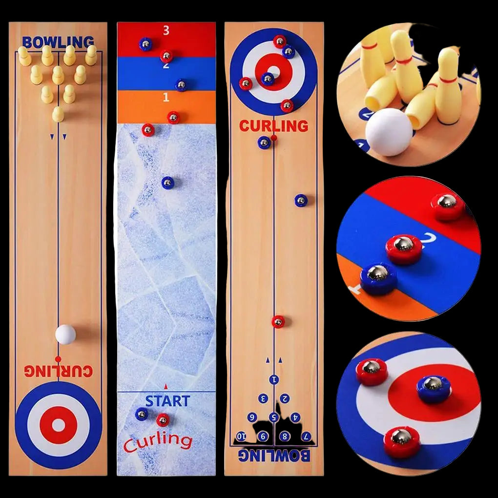 Set of wooden boards with magnetic curling and bowling pins, showing different game scenarios.