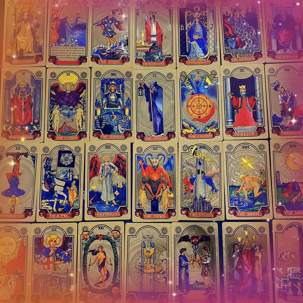 Collection of tarot cards with colorful illustrations and text.