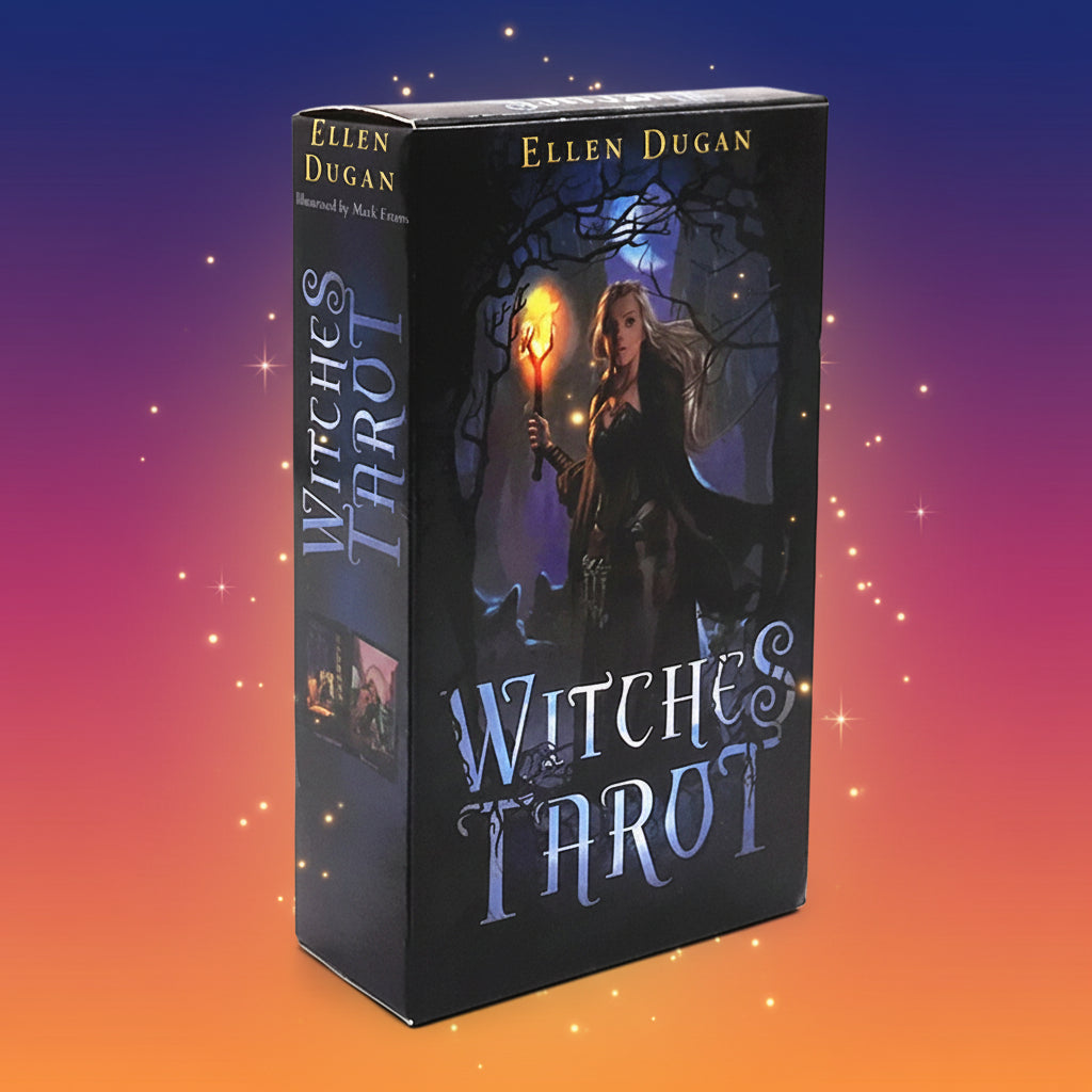 Witches Tarot card set packaging with a witch holding a candle on a white background
