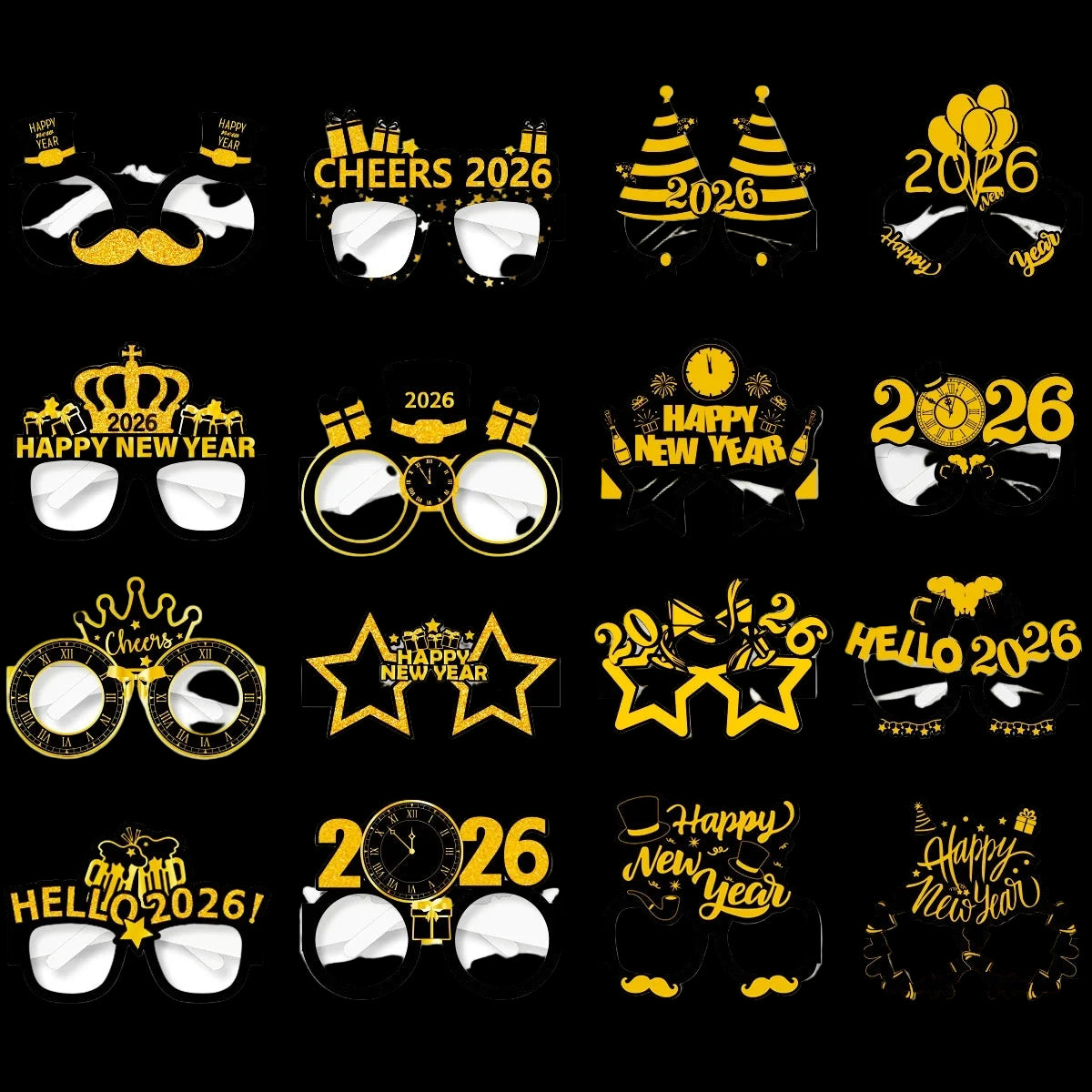 Collection of New Year's eve themed glasses frames with various designs on a white background.