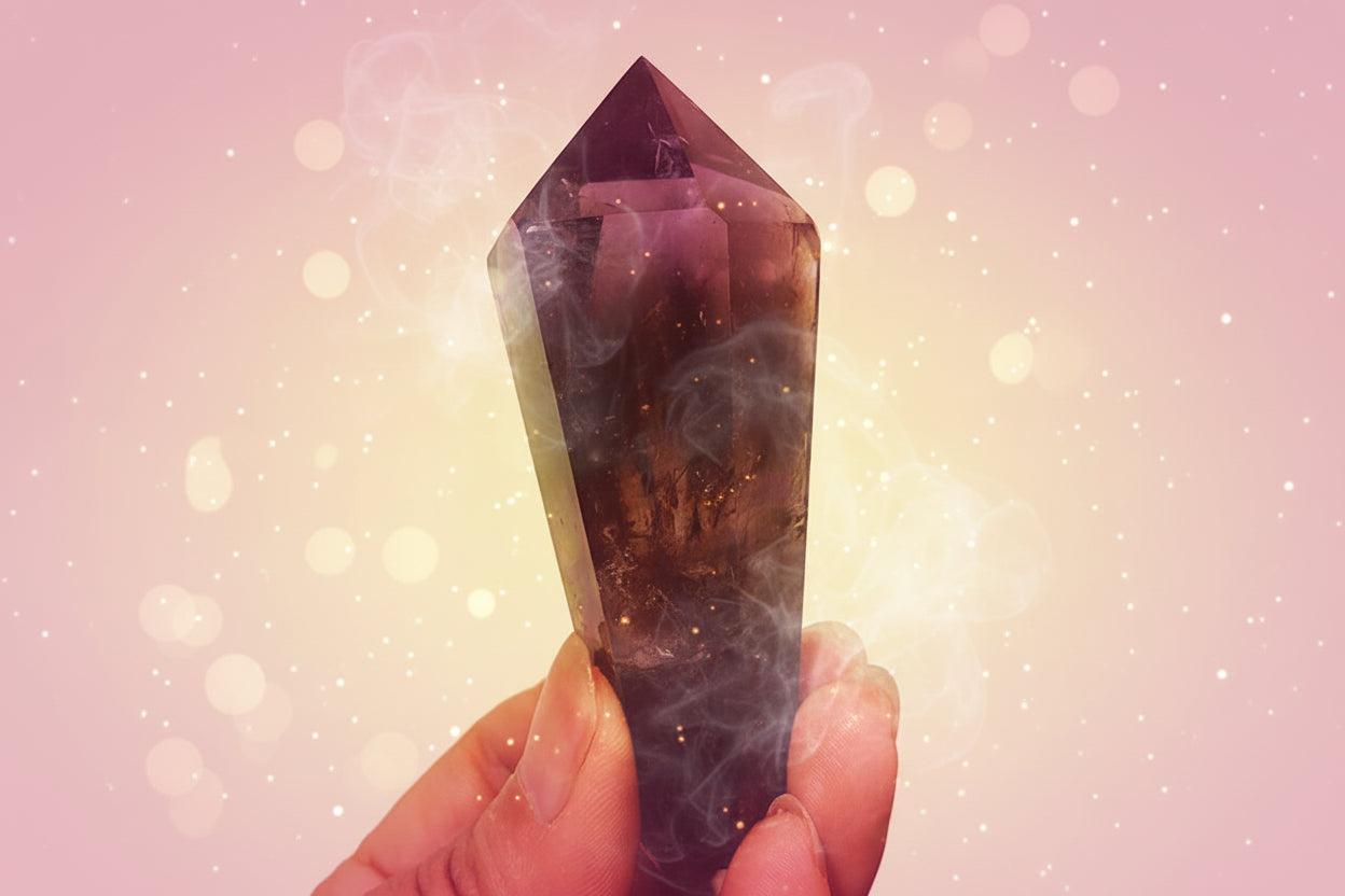 Amethyst crystal held in a hand with a green plant in the background