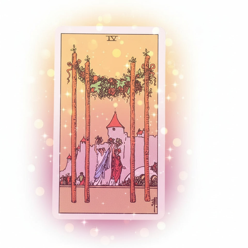 Tarot card with two people holding a long object, surrounded by trees and a castle.