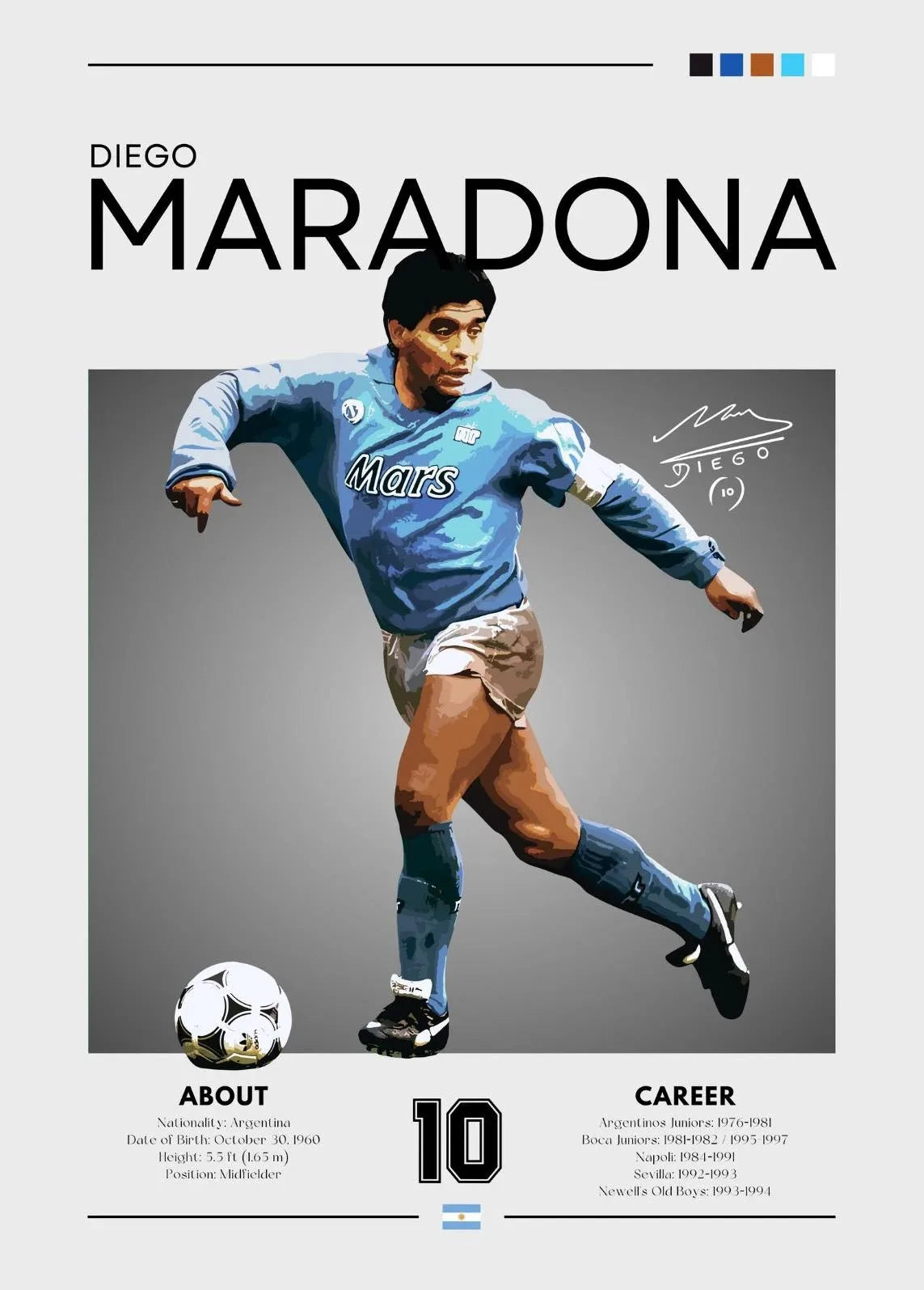 Poster of Diego Maradona in action with his signature and career details.