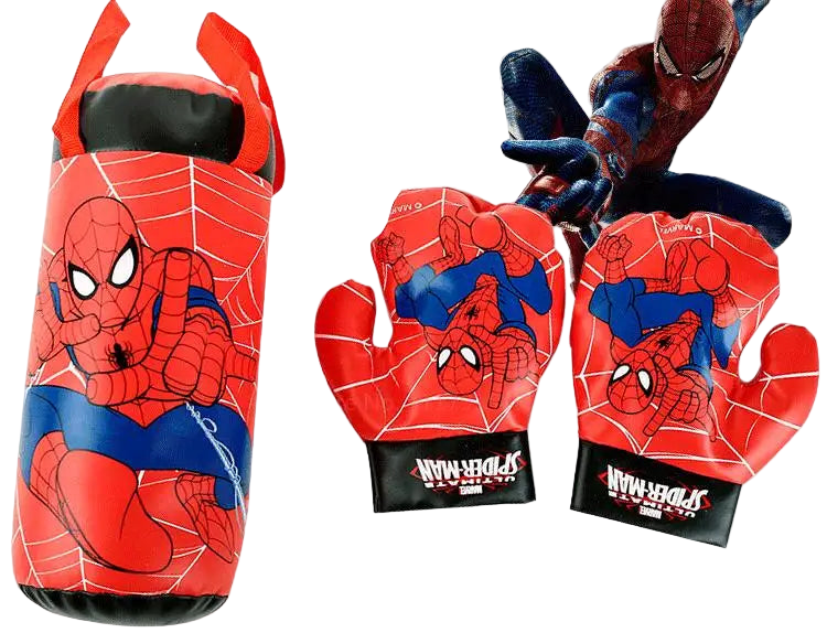 Spider-Man themed boxing bag and gloves on a white background