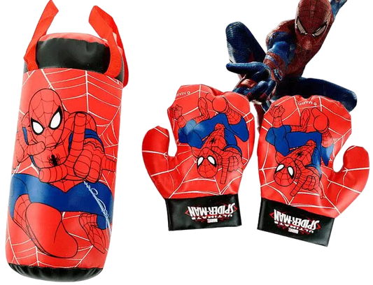 Spider-Man themed boxing bag and gloves on a white background