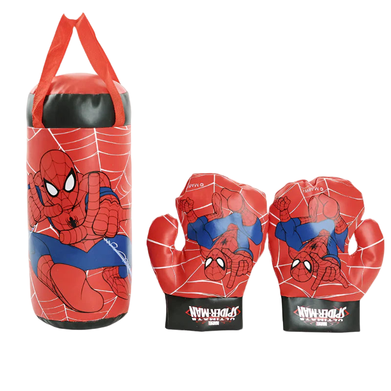Spider-Man themed punching bag and gloves on a white background