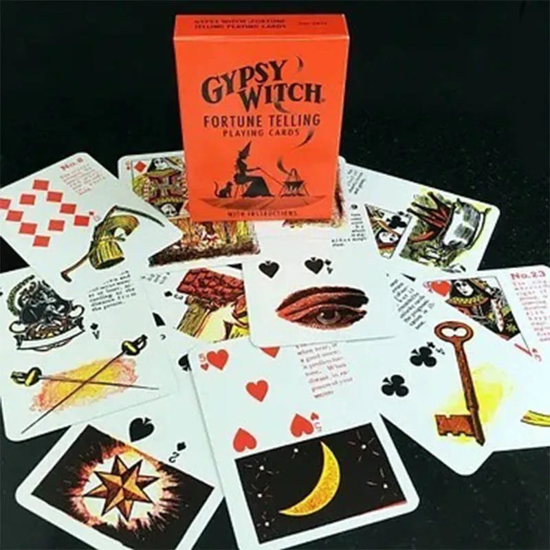 Gypsy Witch Fortune Telling Playing Cards with an orange box on a dark background