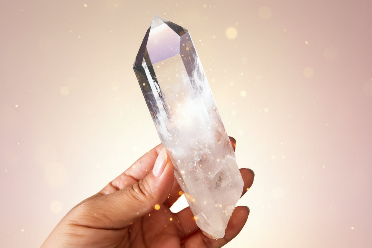 Hand holding a clear crystal with a dark background