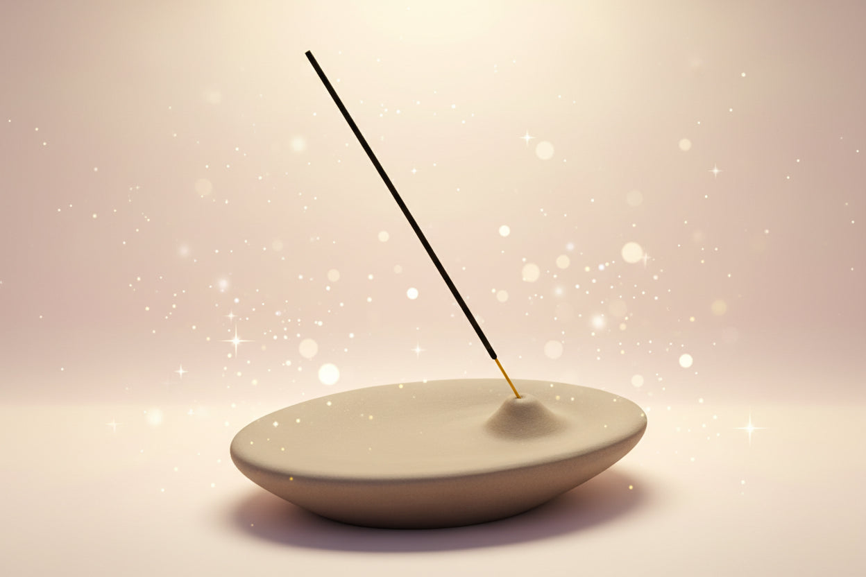 Ceramic incense burner with a single incense stick on a wooden surface.