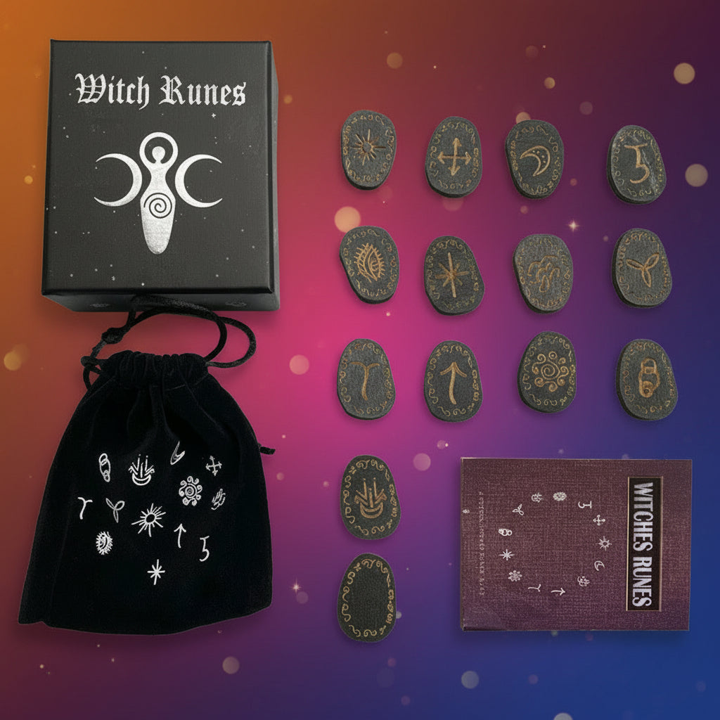 Witch Runes set with packaging, stones, and instructions on a gray background