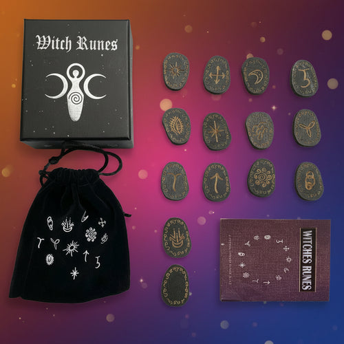 Witch Runes set with packaging, stones, and instructions on a gray background