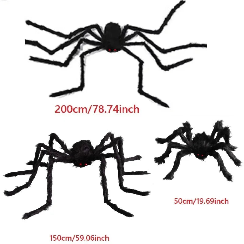 Three black spiders of different sizes with measurements on a white background