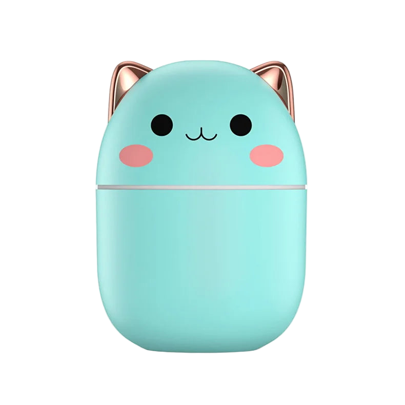 Cute turquoise cat-shaped device with rose gold accents on a white background