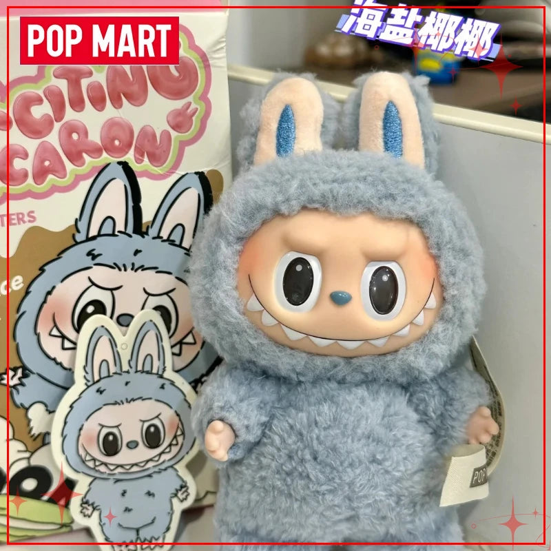 Plush toy in a bunny costume with visible branding and packaging in the background.