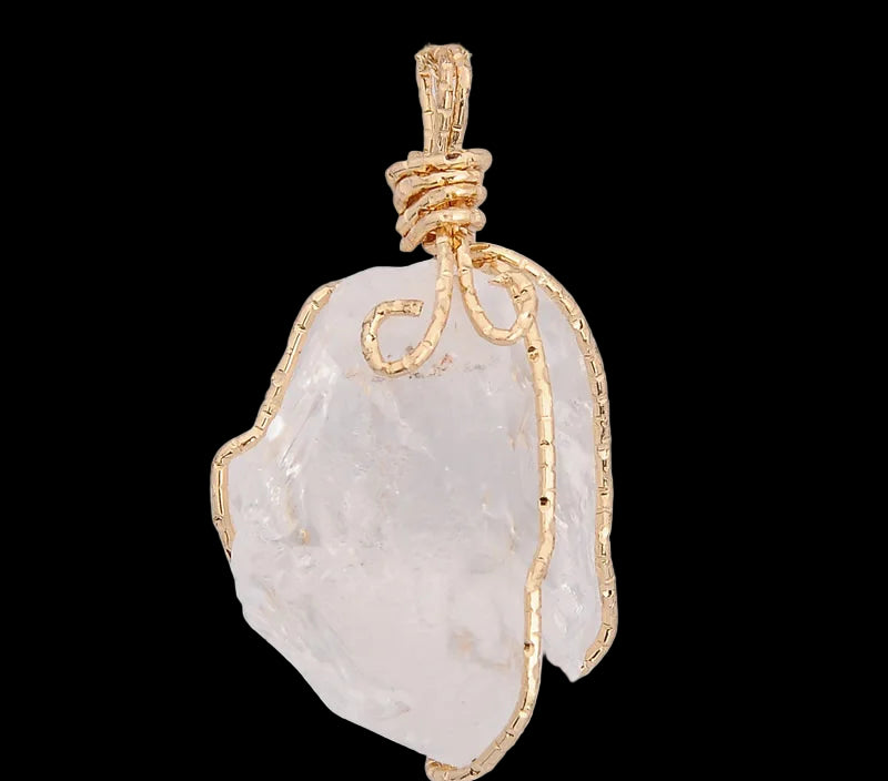 Gold-wrapped crystal pendant on a white background