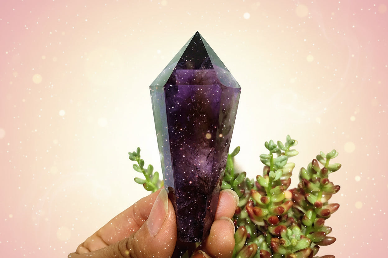 Amethyst crystal held by a hand with a light green plant background