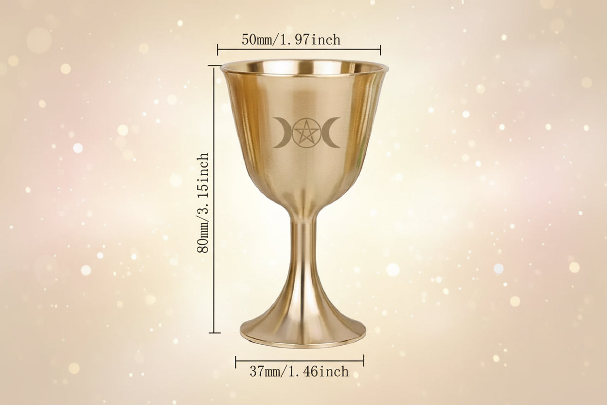 Gold goblet with engraved design, shown with measurements on a white background