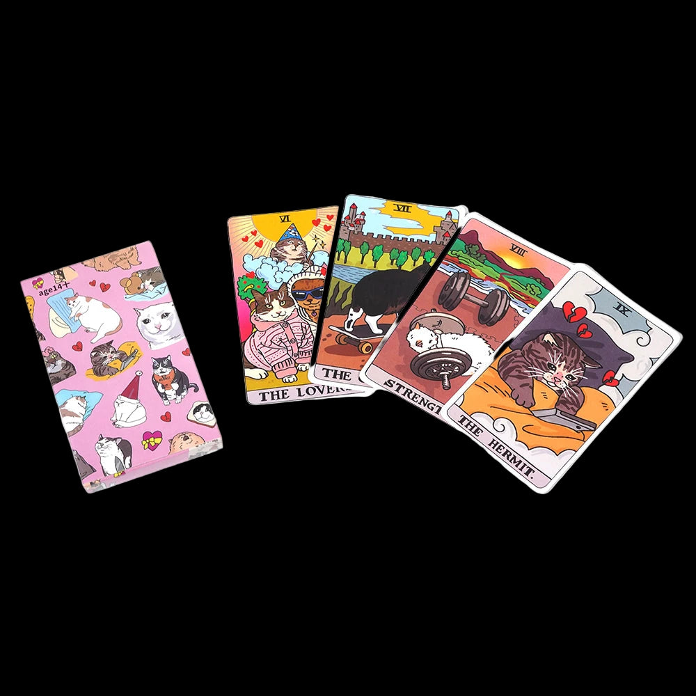 Set of tarot cards with cat illustrations on a white background