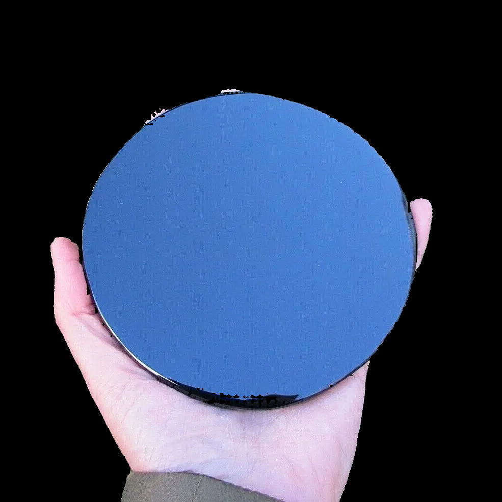 Round black object held in a hand with green foliage in the background