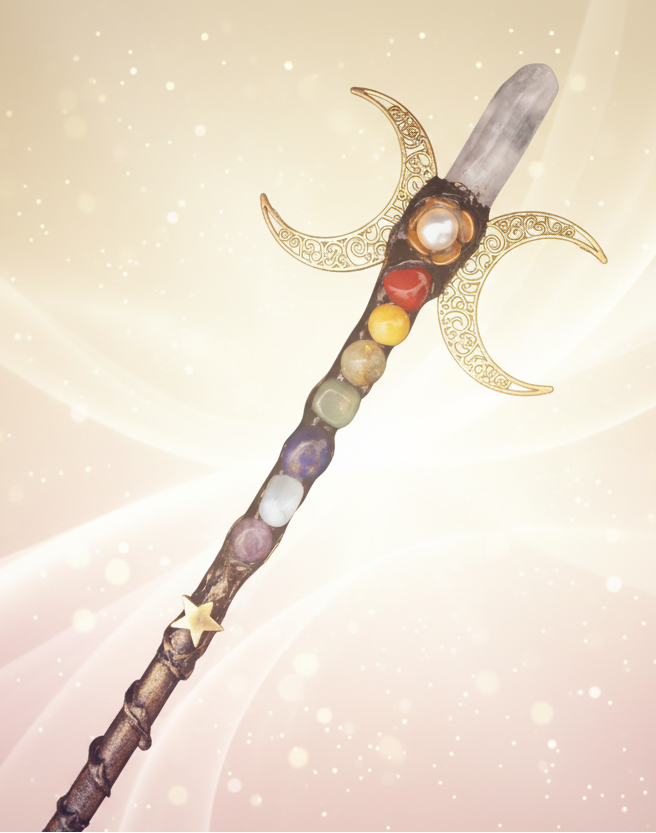 Decorative staff with colorful beads and gold accents on a dark blue background