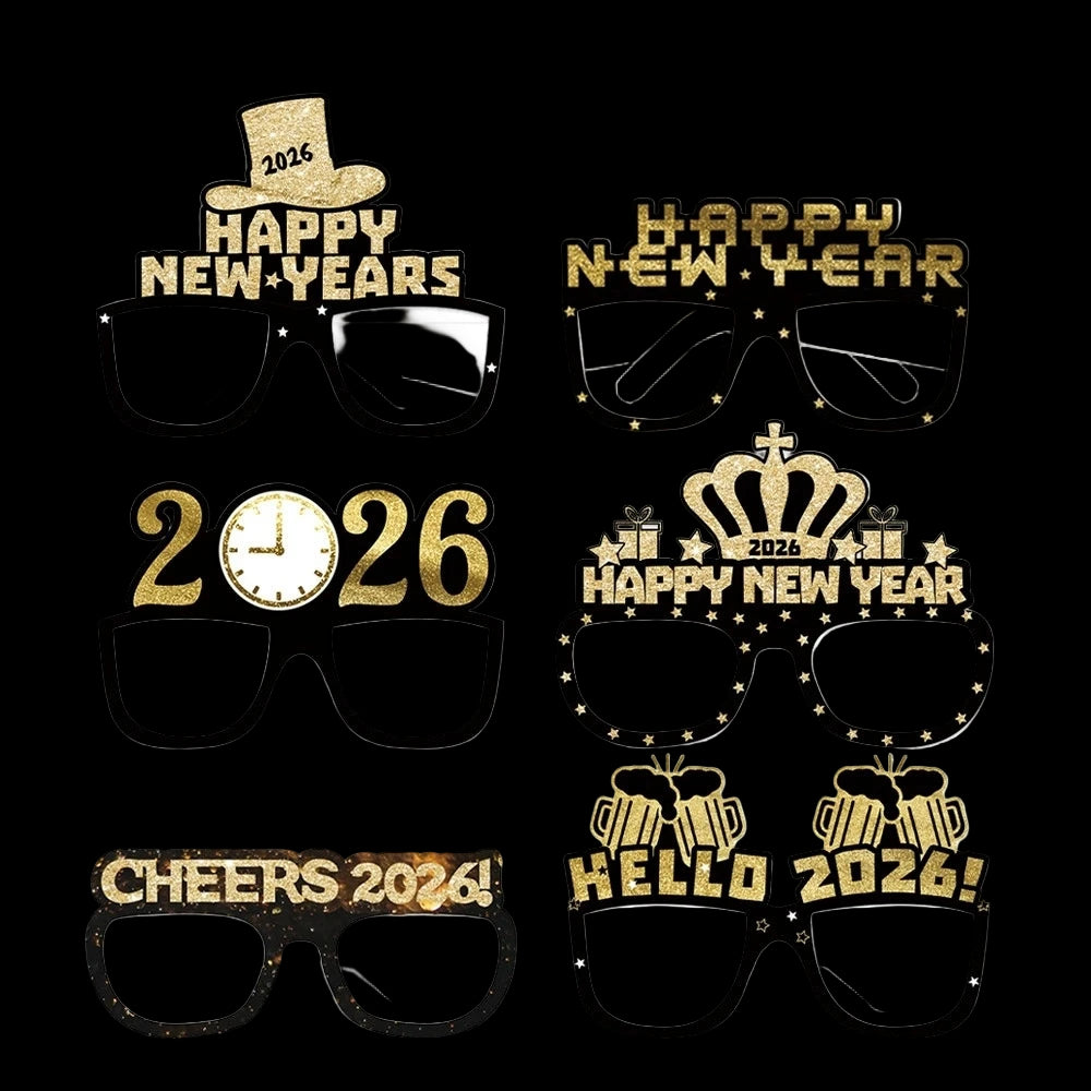 Set of New Year's eve themed glasses with decorative frames on a white background