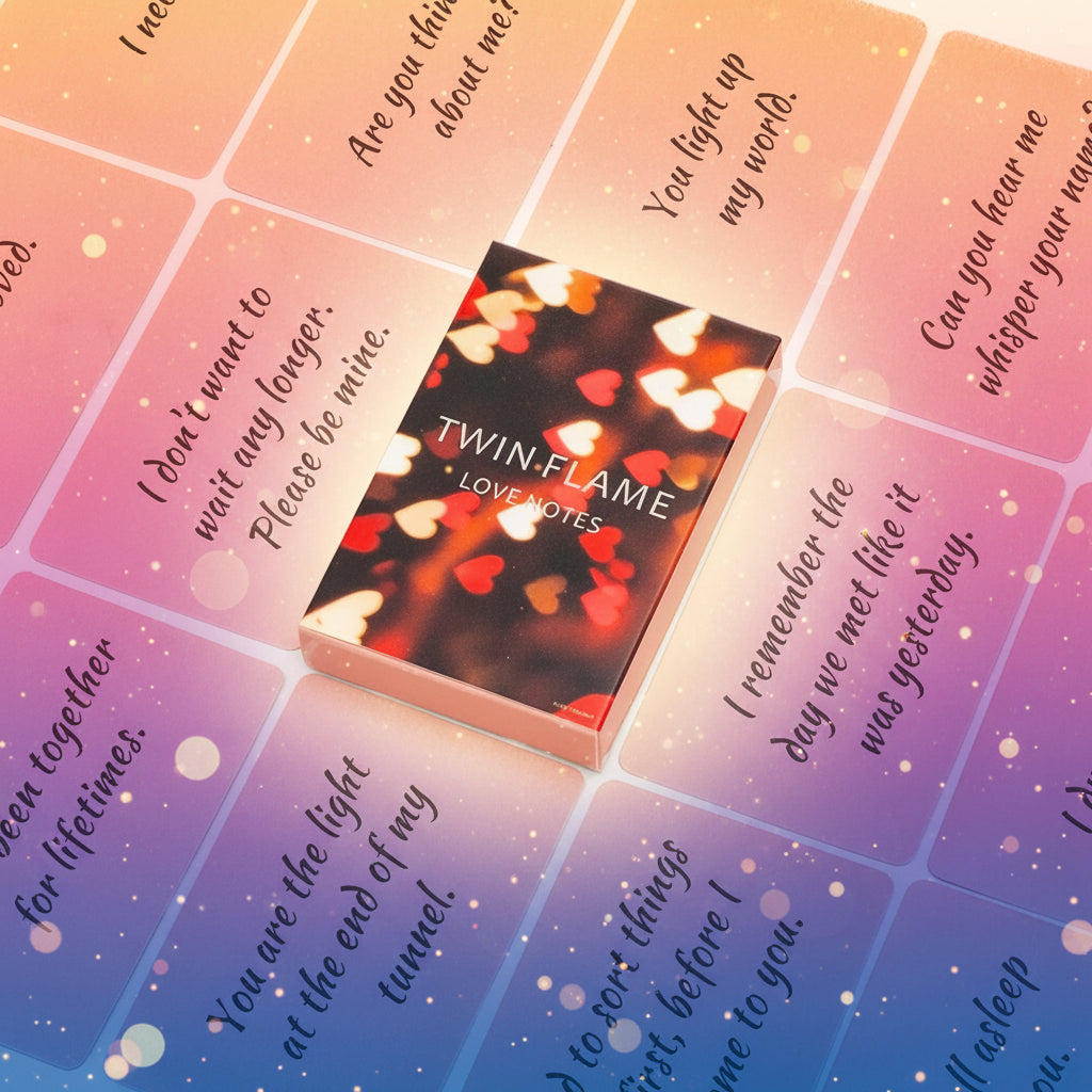 Box of Twin Flame Love Notes with romantic text on pink cards