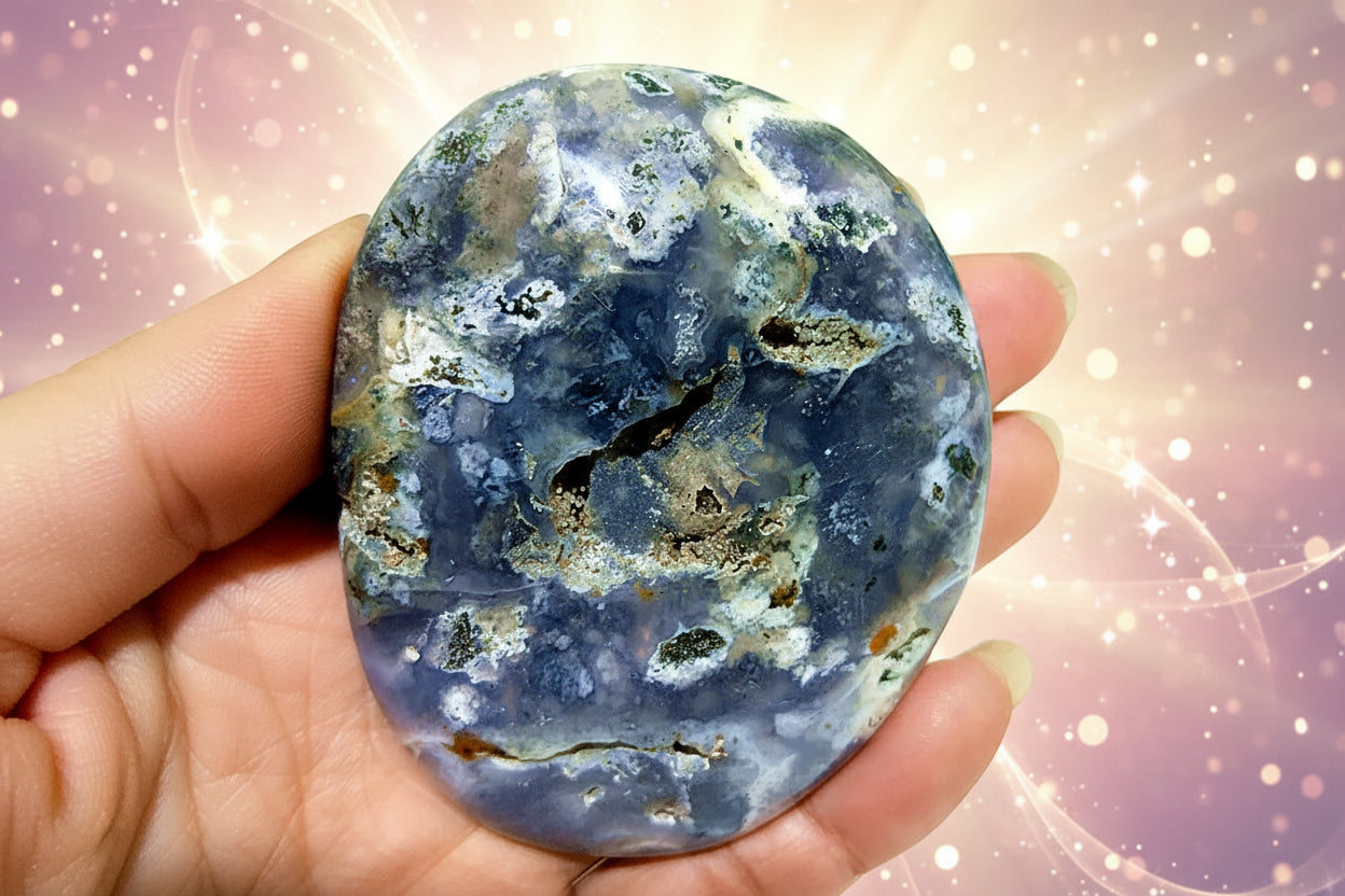 Polished blue and white stone held in a hand with a blurred green background