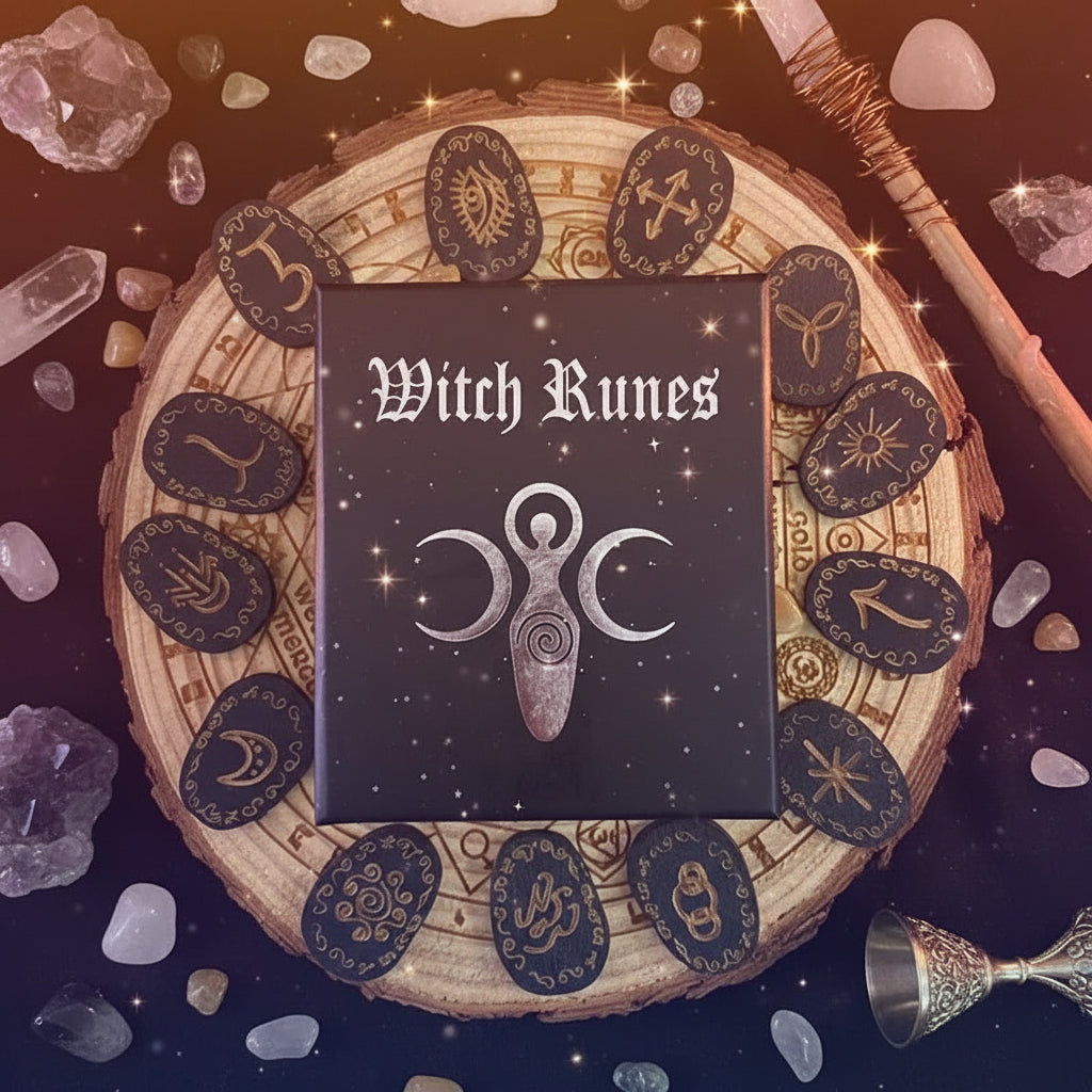 Witch Runes book with astrological symbols on a wooden circle