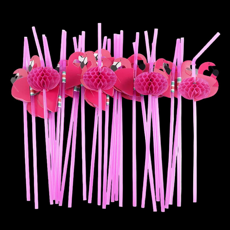 Set of pink flamingo-themed straws on a white background